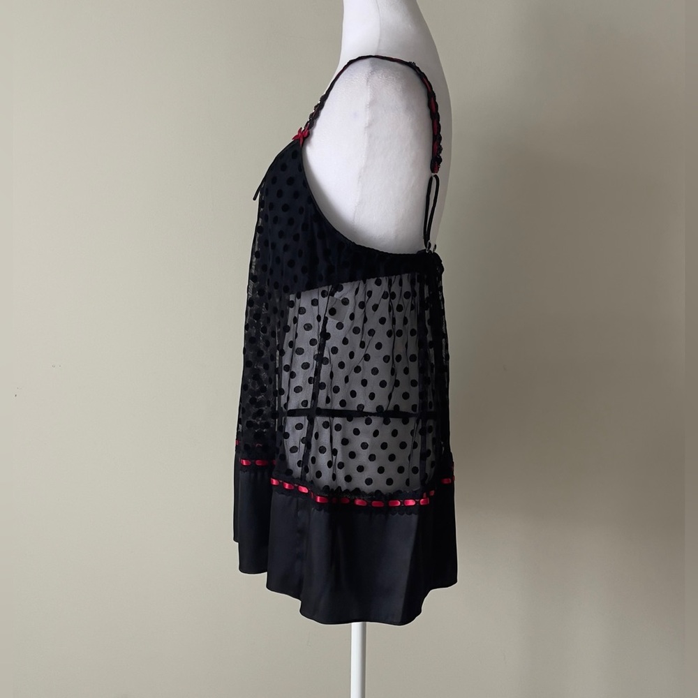 Linea Donatella Black Sheer Polka Dot with Red Accent Set of babydoll and Kimono - Picture 5 of 7